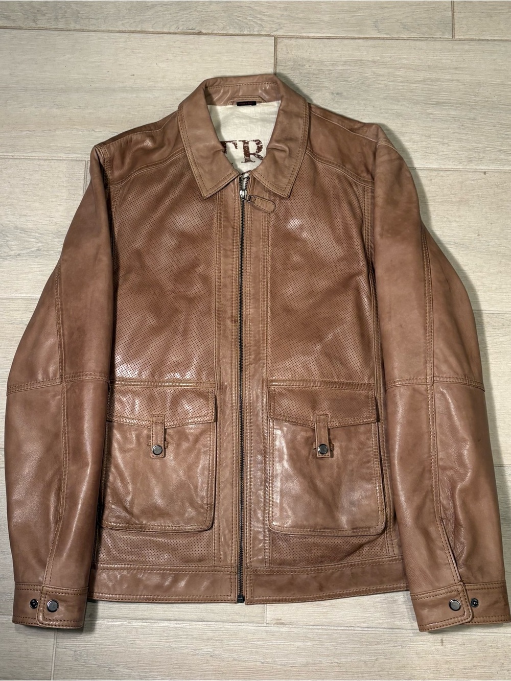 Men's Tan Leather Bomber Jacket with Front Zip Extremely High Quality